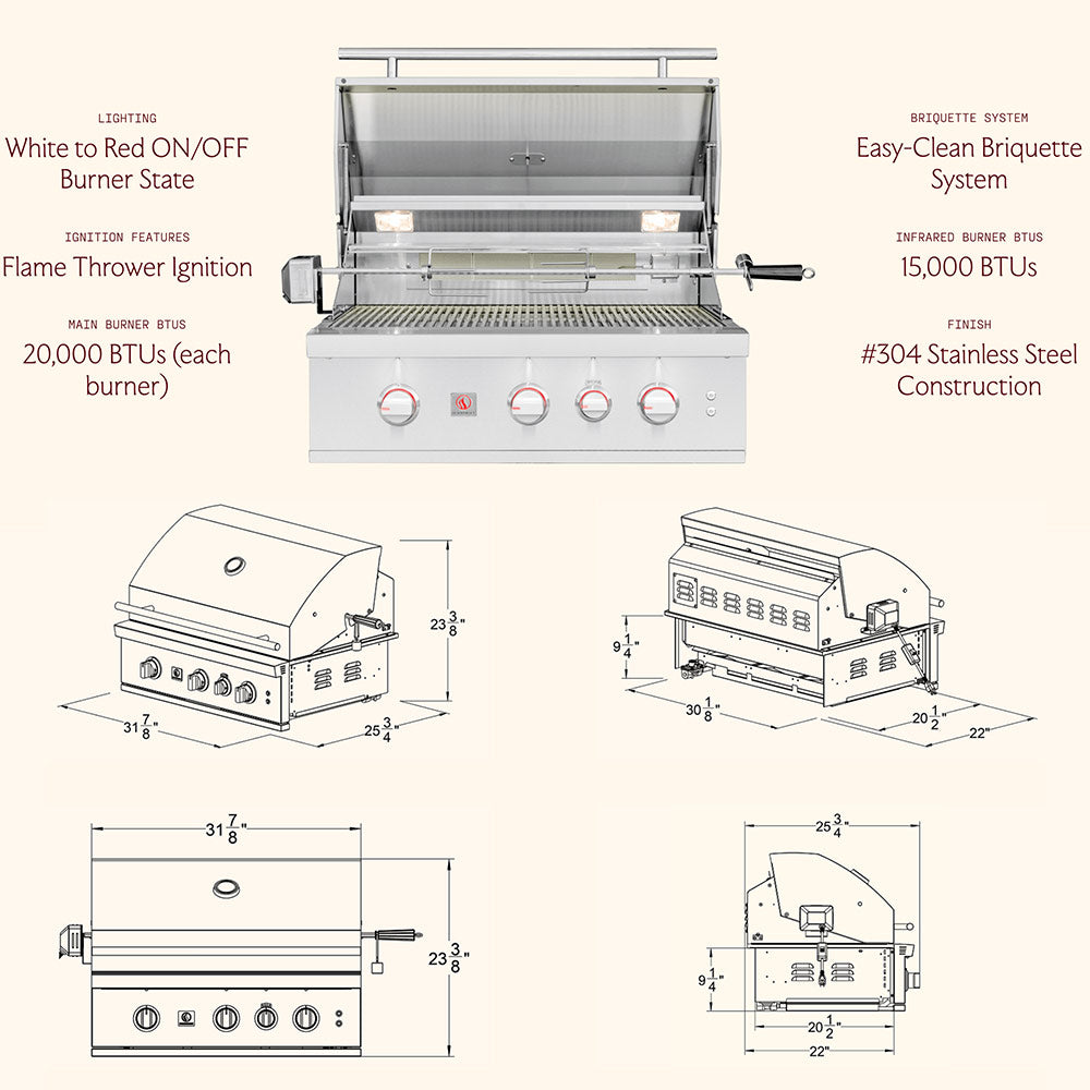 Technical line drawing of a 32-inch built-in gas grill showing dimensions and controls