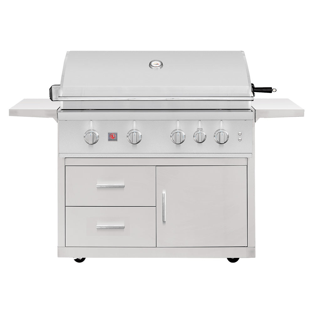 40-inch gas grill on deluxe cart with stainless hood and control knobs, closed lid