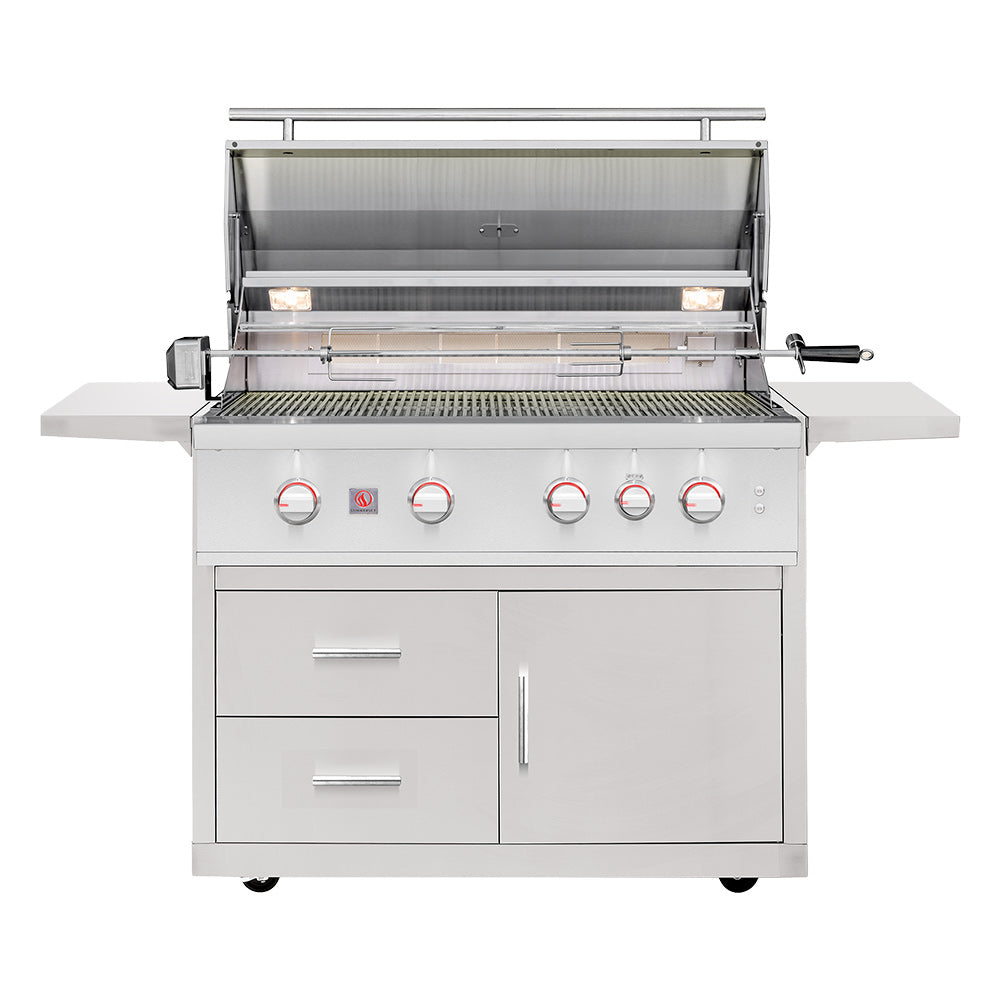 40-inch gas grill on deluxe cart with open hood, stainless burners, and front knobs