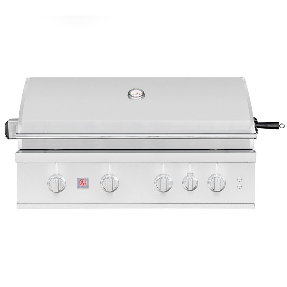 Built-in gas grill lid with control knobs and side handle, stainless steel