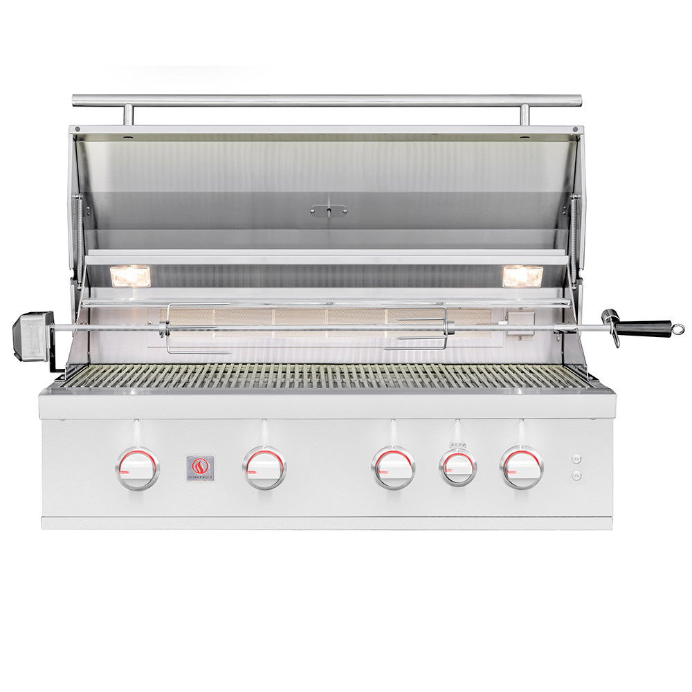 Built-in gas grill with open hood, illuminated burners and control knobs, stainless