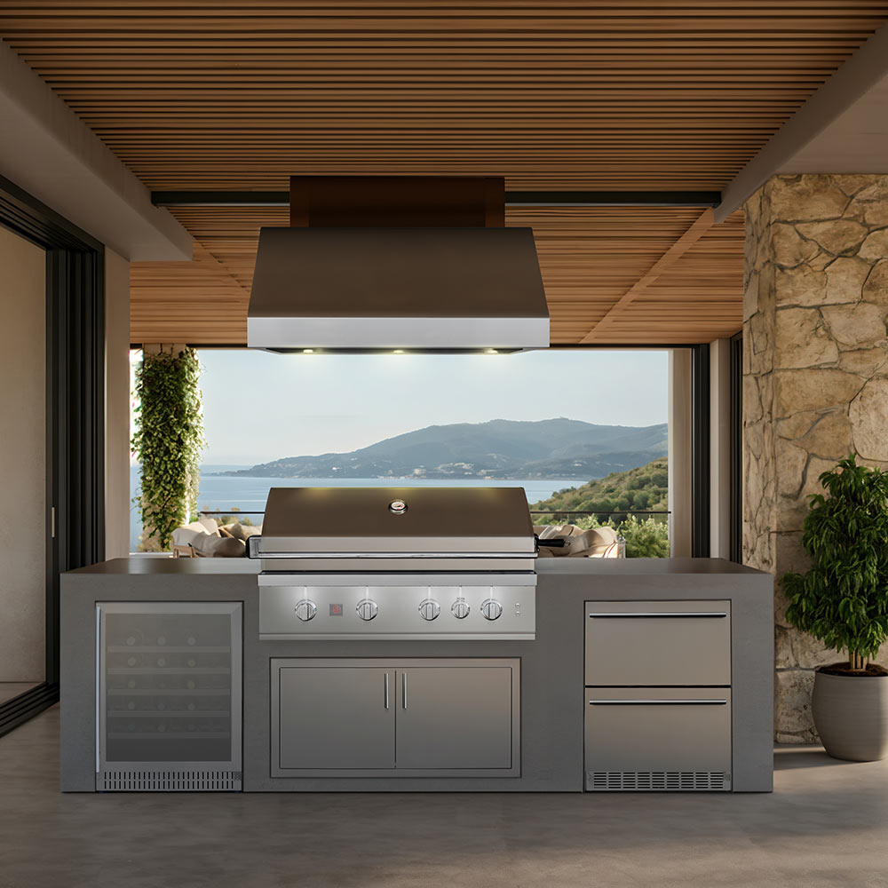Built-in gas grill with hood and side cabinets, stainless steel