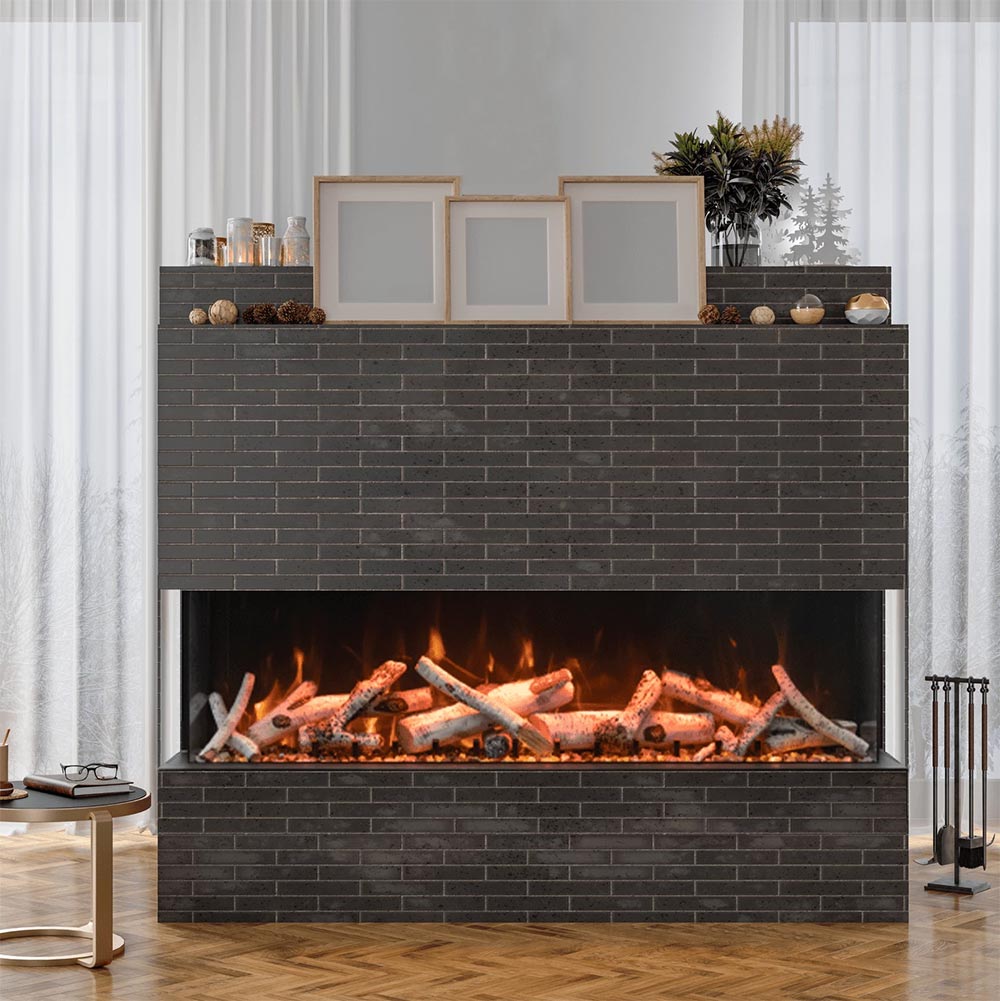 Black electric fireplace insert in a dark brick surround, burning orange flames