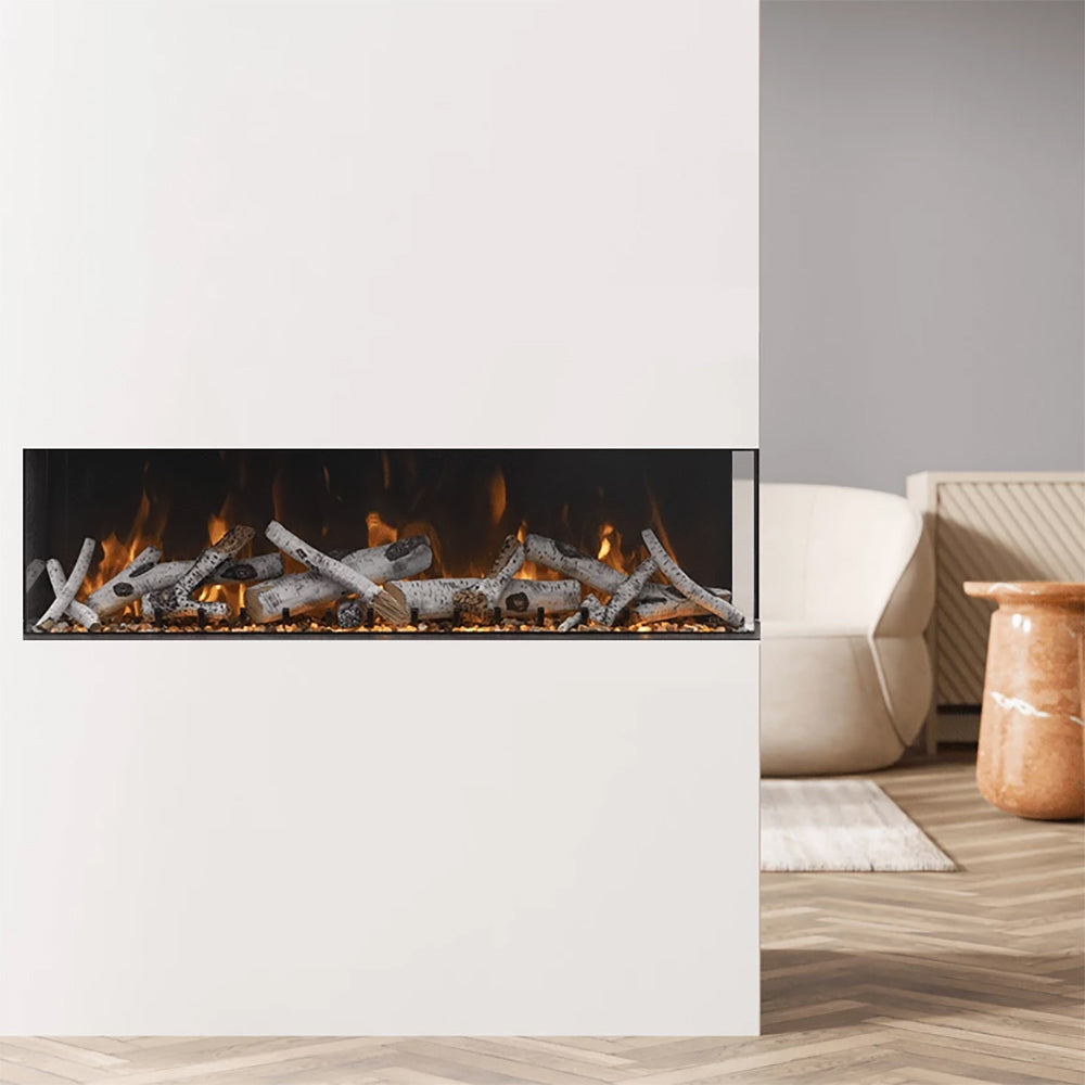 Corner electric fireplace insert with burning orange flames and grey log fuel pieces