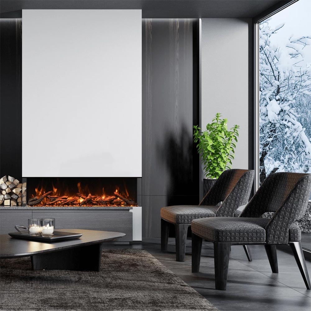 Electric fireplace insert with burning embers behind a large white panel opening