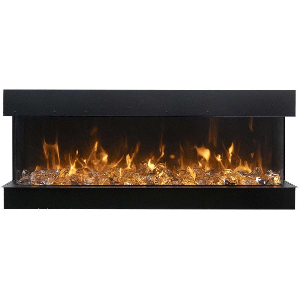 Black electric fireplace insert with lively flames and grey log fuel pieces