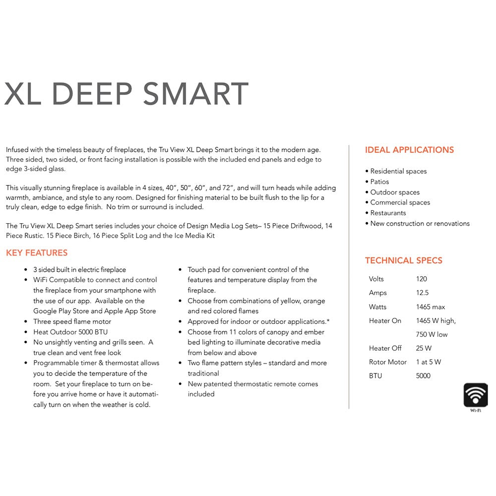 Smart electric fireplace spec sheet graphic titled “XL DEEP SMART” with features