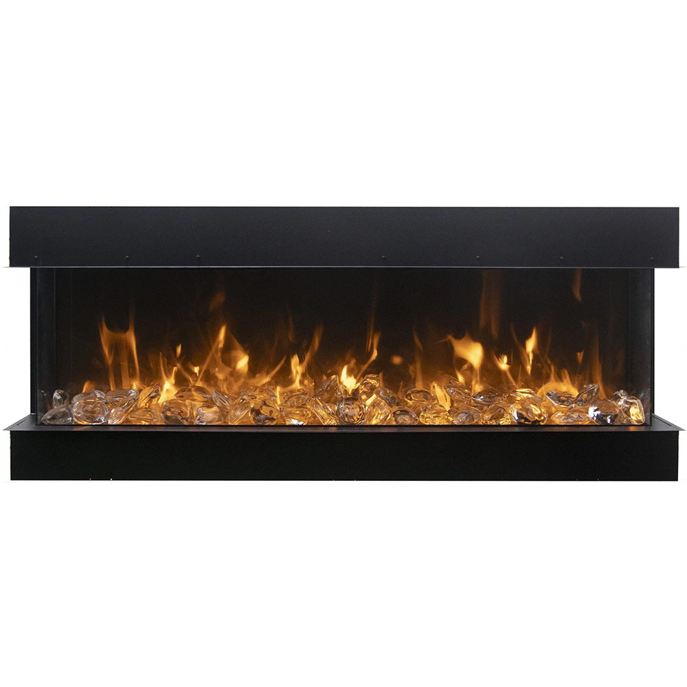 Black electric fireplace with glass front and bright flame effect over log-style media