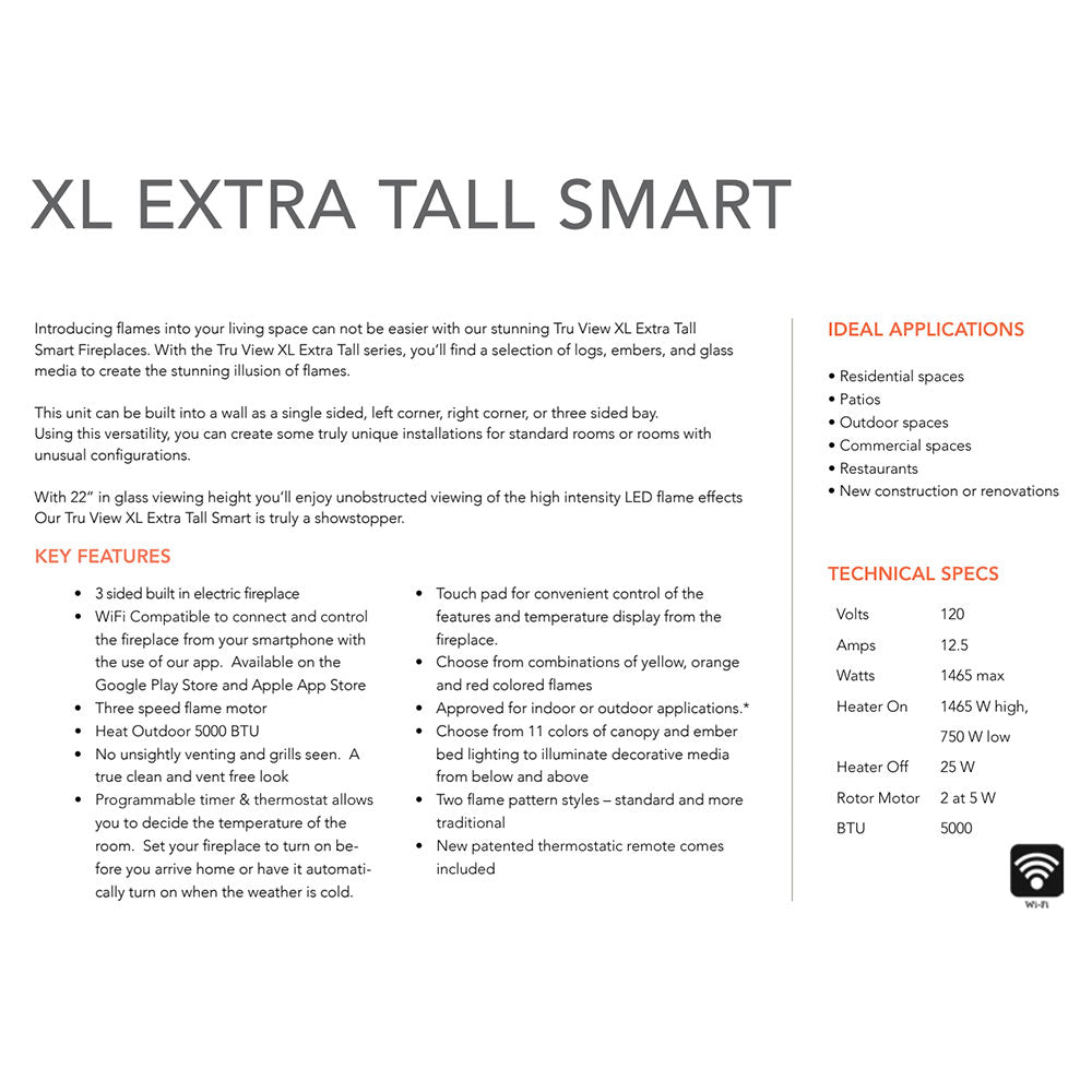 Amantii Tru-View XL Extra Tall Indoor/Outdoor Built-In 3-Sided Smart Electric Fireplace