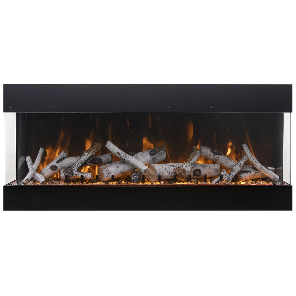 3-sided built-in electric fireplace with gray artificial logs and visible flames, black frame.