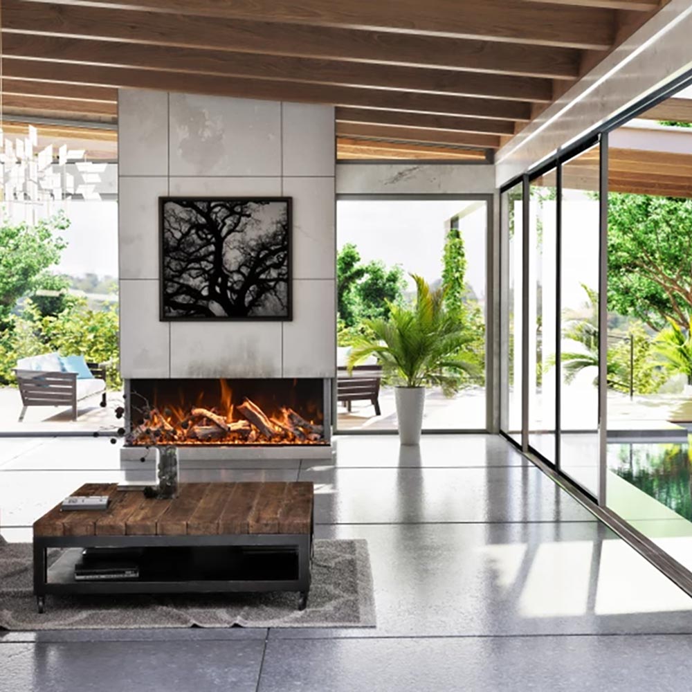 Built-in electric fireplace in modern patio living room with visible flame bed