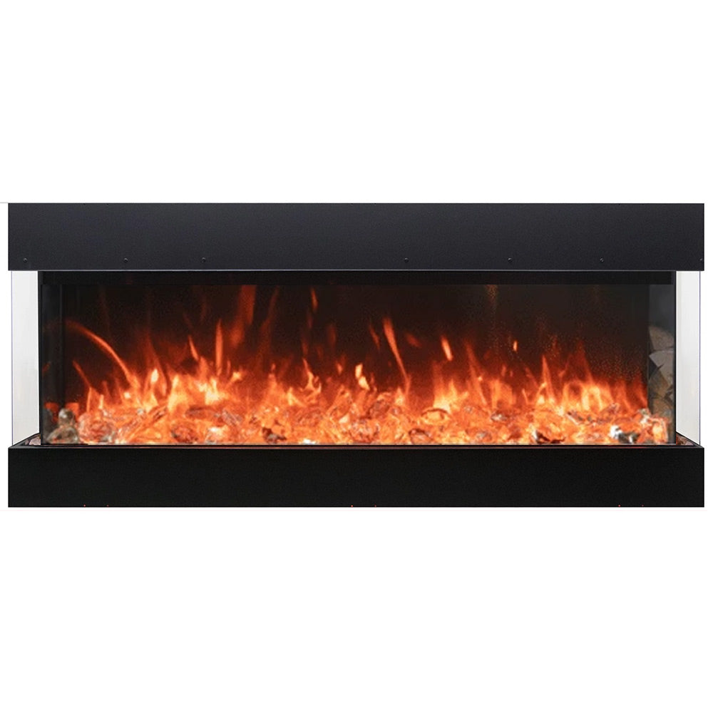 Built-in electric fireplace with black frame and bright orange flame bed