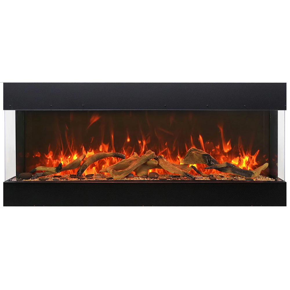 3-sided built-in electric fireplace with glowing logs and orange flames in black surround.