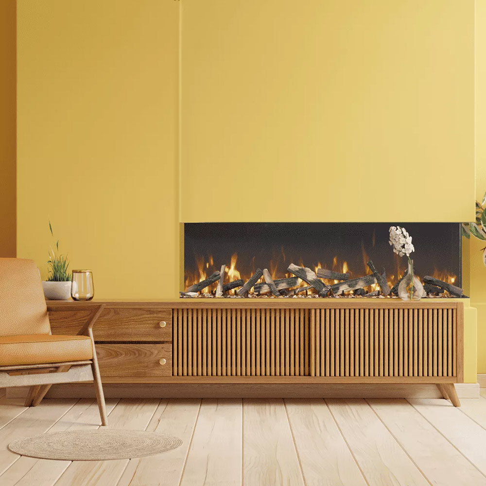 Built-in electric fireplace with glowing logs in a wood-and-slat media base