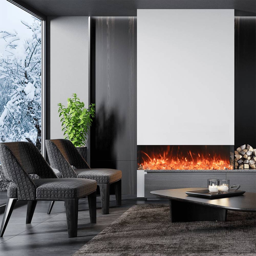 Modern indoor electric fireplace with black firebox, glowing flames and nearby seating