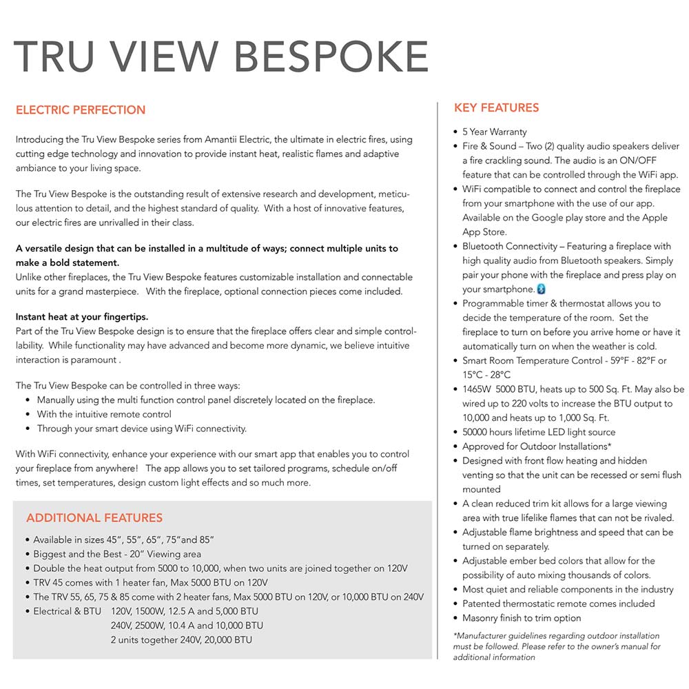 Tru View Bespoke electric fireplace brochure page with key features and specs