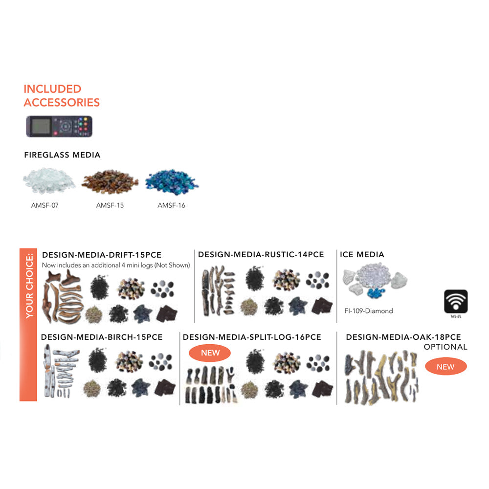 Electric fireplace included media accessories chart with fireglass options list