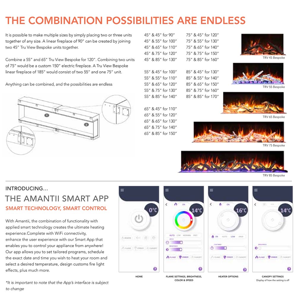 Electric fireplace sizing and app control infographic with combination possibilities