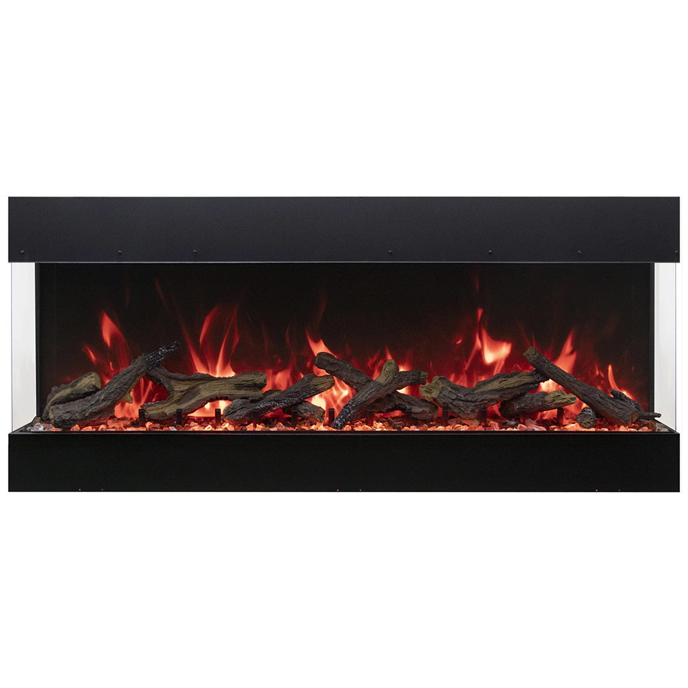 Three-sided electric fireplace with black surround, burning logs and orange-red flames