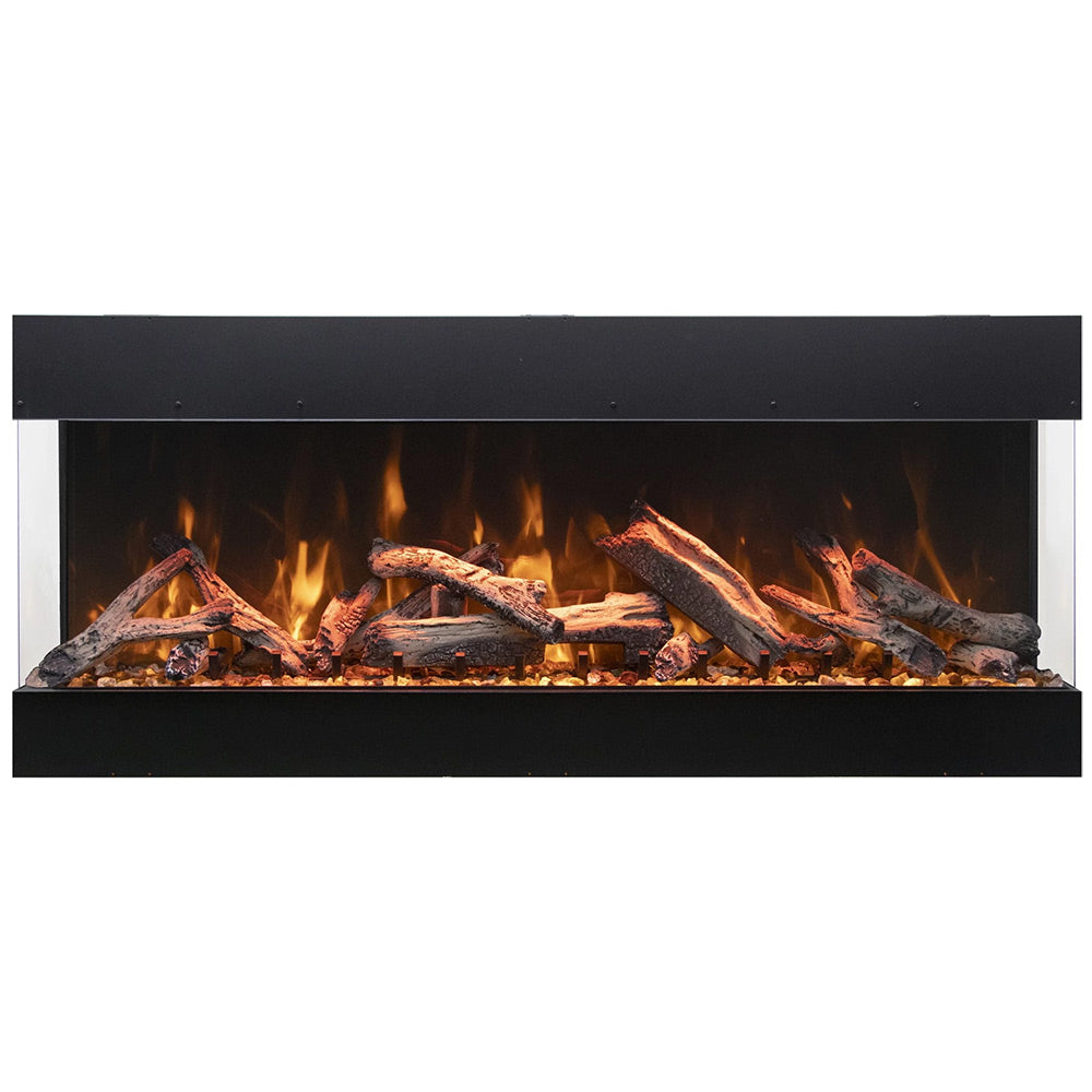 3-sided built-in electric fireplace with burning logs and black surround, front view.