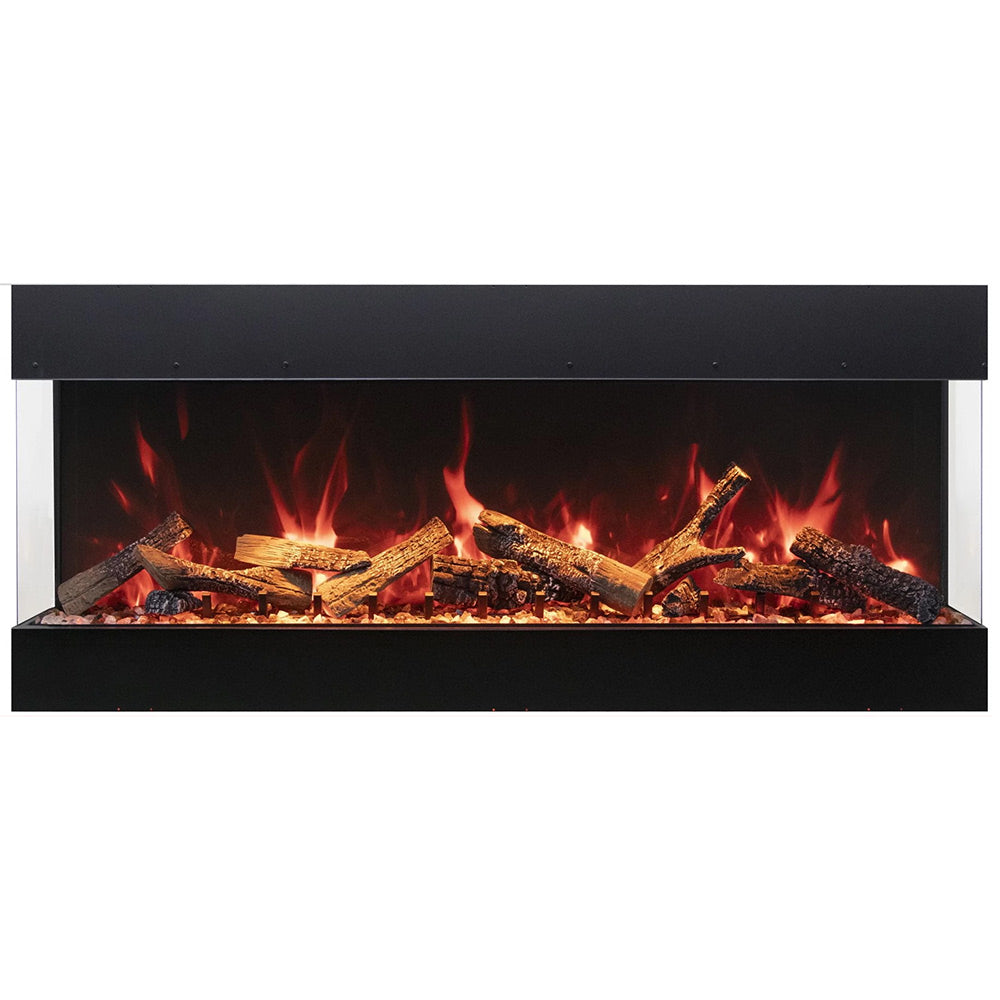 3-sided built-in electric fireplace with dark logs and red flames, black surround.