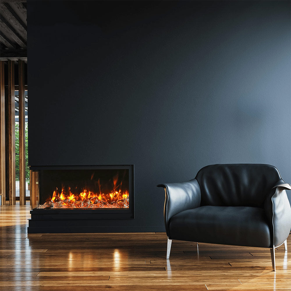 Built-in 3-sided electric fireplace with glowing logs and black firebox surround