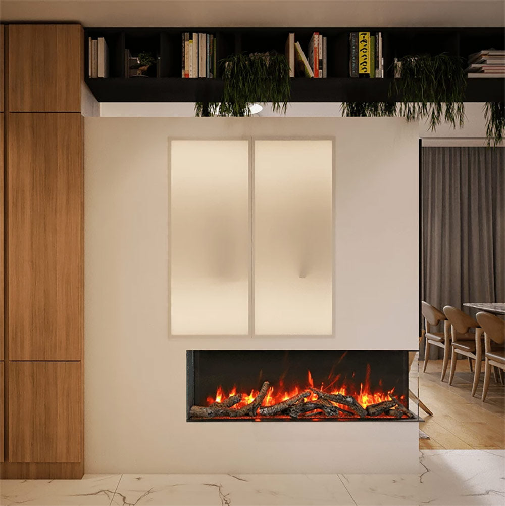 Wall-mounted electric fireplace insert with flame bed in a bright modern room