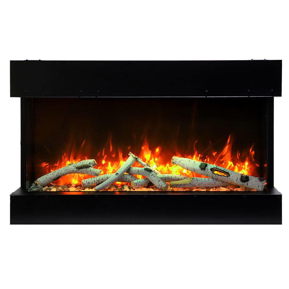 Black electric fireplace with open glass-front firebox and burning logs