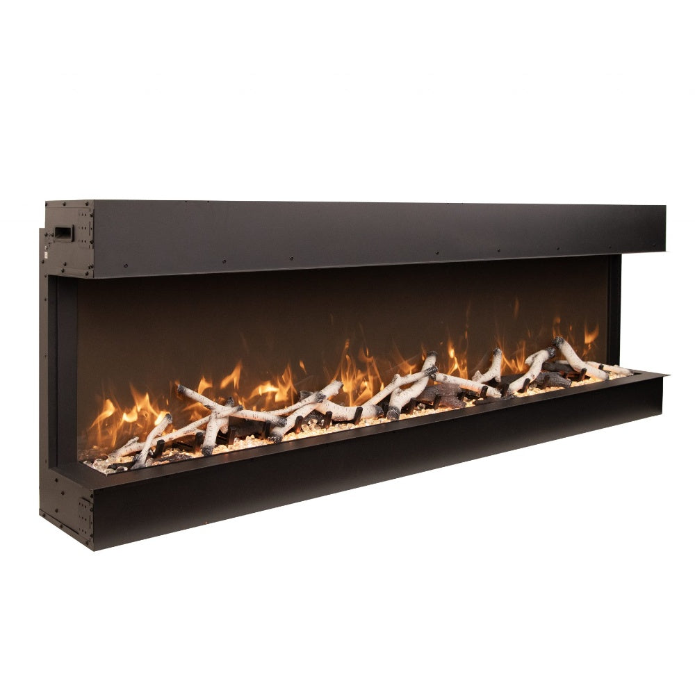 Black slim electric fireplace with burning logs and open glass-front firebox