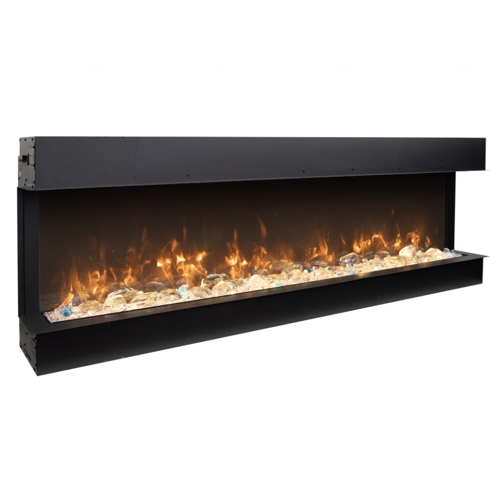 Black slim electric fireplace with glass front and bright orange flame display