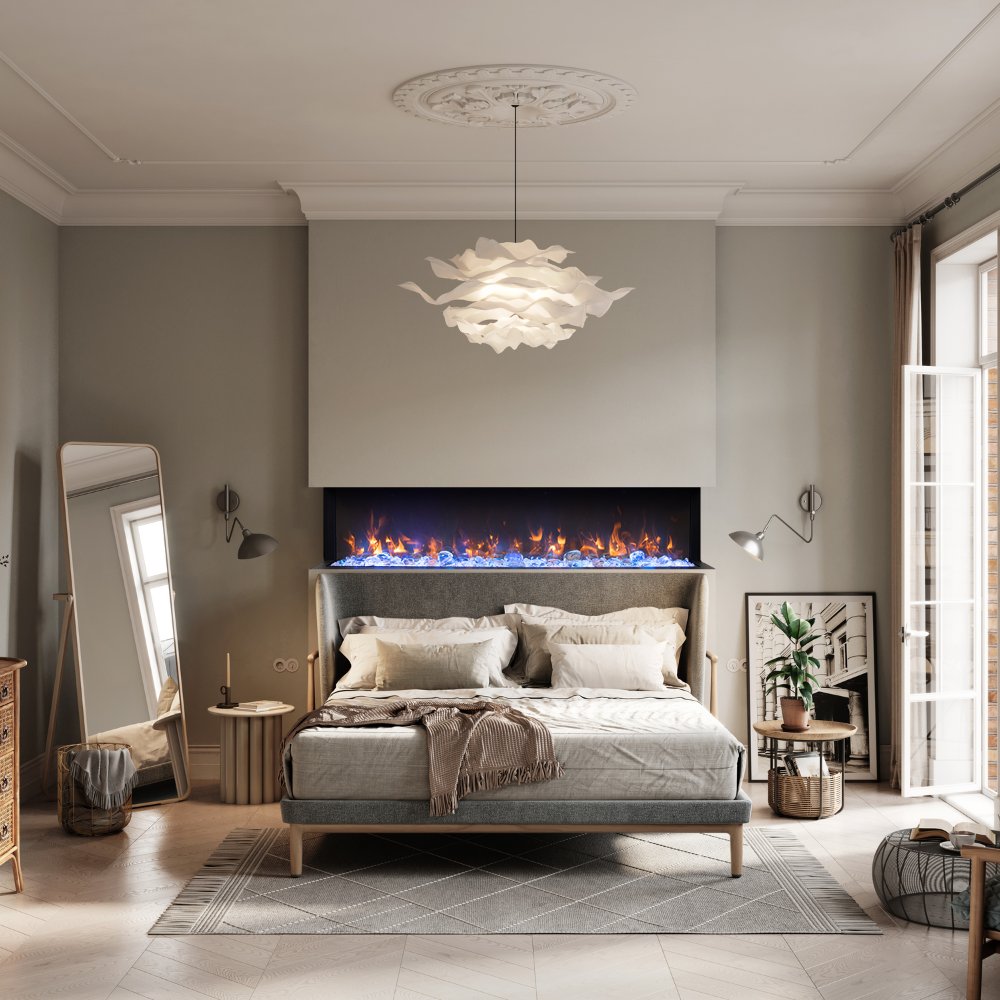 Black 3-sided slim smart electric fireplace with glowing orange flames behind glass