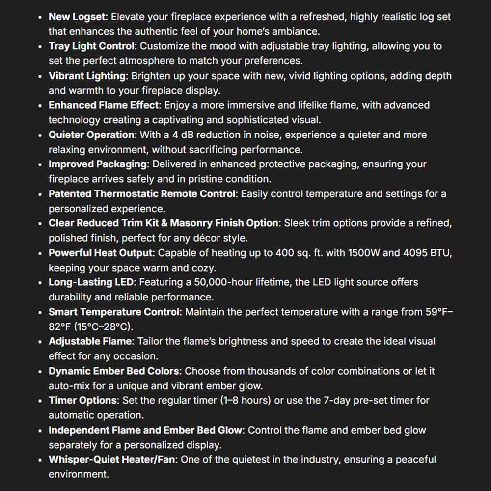 Smart electric fireplace feature list text on dark background