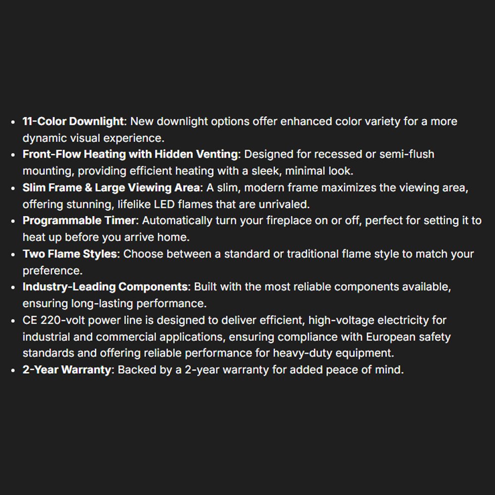 Electric fireplace specification list text on dark background