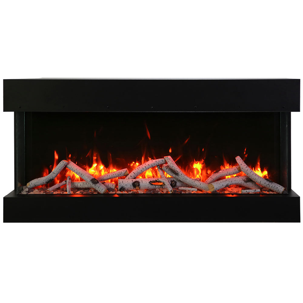 Built-in 3-sided electric fireplace with glowing log flames behind black frame