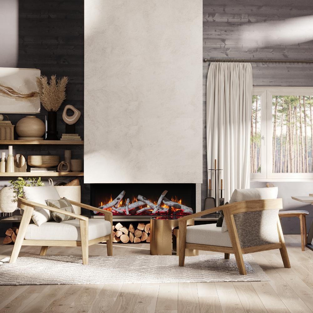 Built-in electric fireplace with flames and stacked logs, set in stone surround