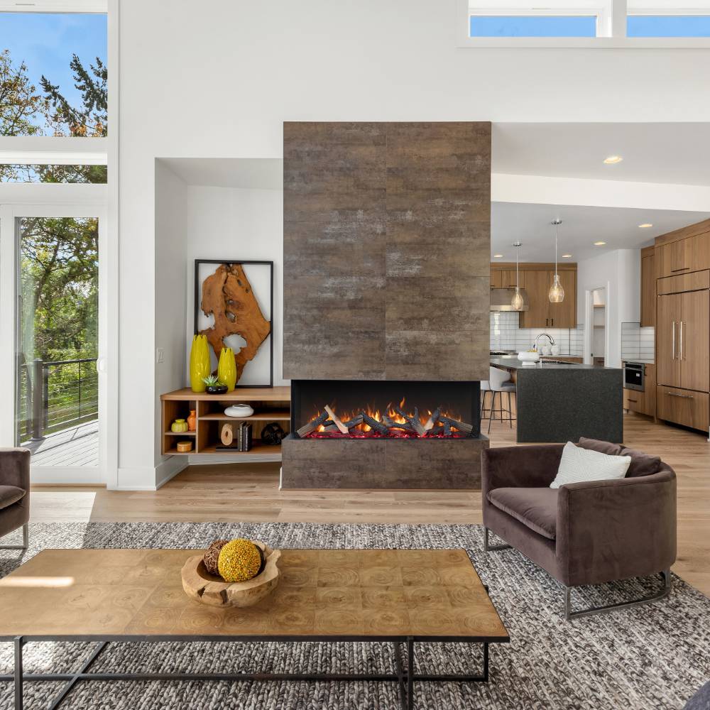 Built-in electric fireplace with orange flames in modern living room, black surround
