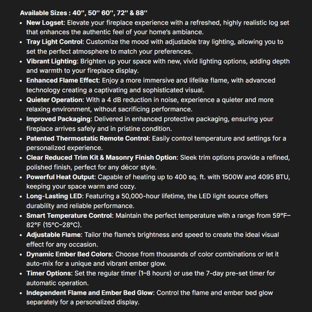 Electric fireplace specifications text on dark background with sizes and heat details