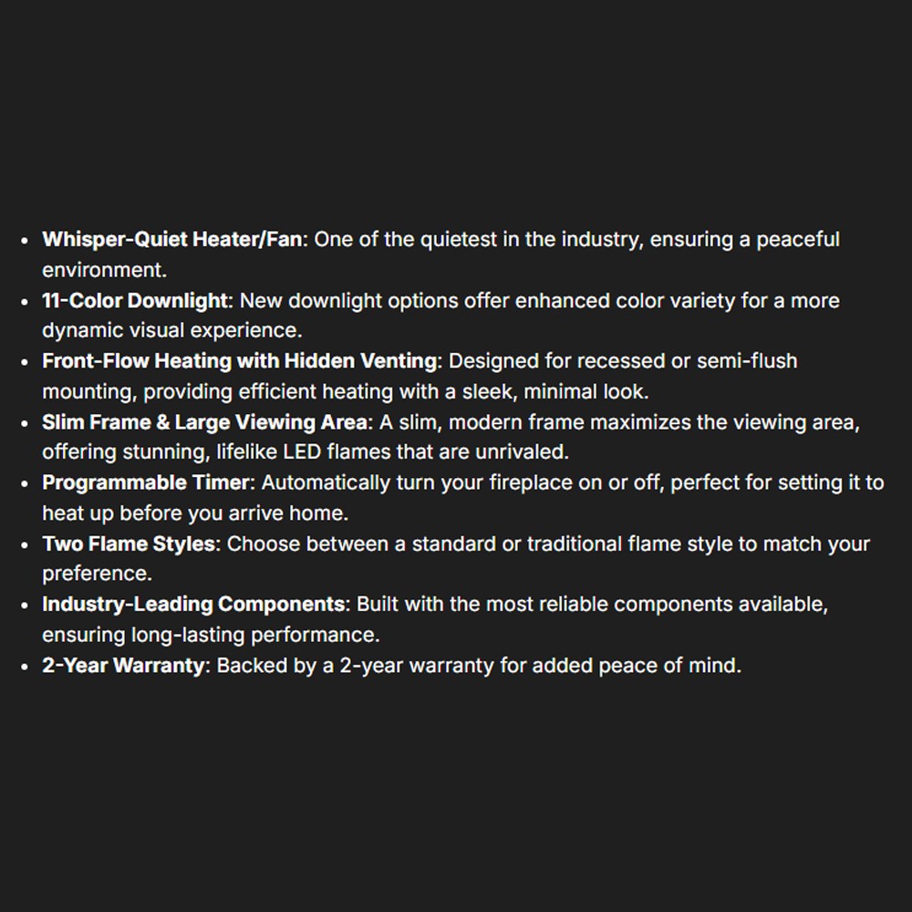Electric fireplace feature list text on dark background