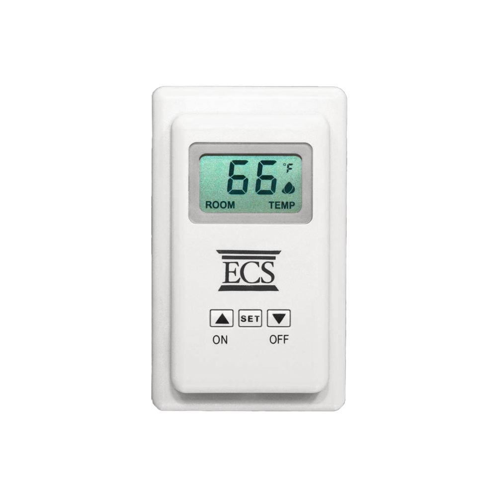 Thermostatic wireless wall switch with digital 66°F display and ON/OFF controls