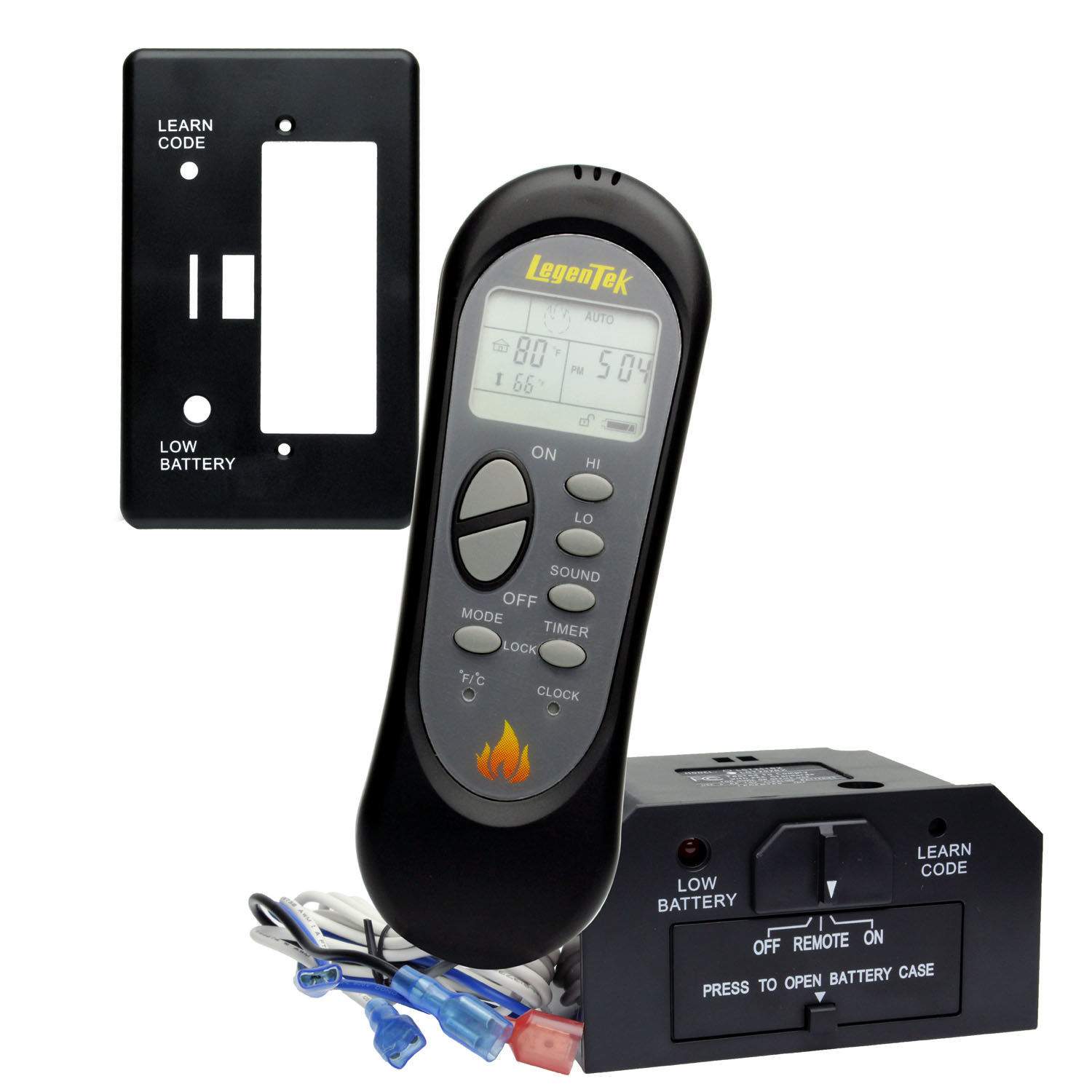 Fireplace remote control with LCD screen, black buttons, flame icon; battery case included