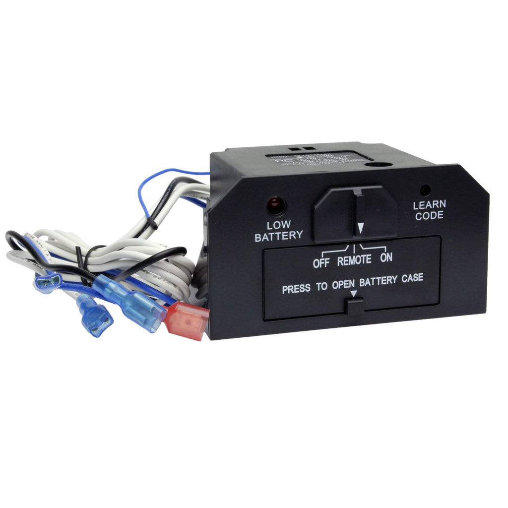 Fireplace remote battery case with wiring and battery compartment, black Learn Code label