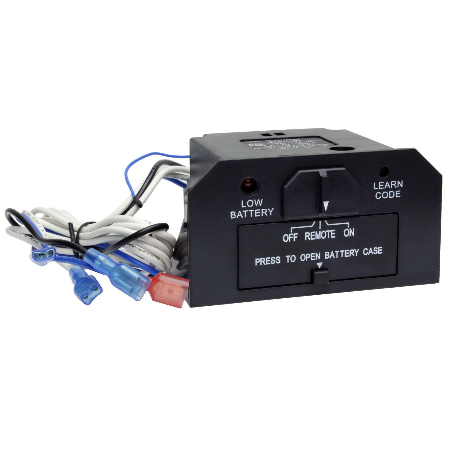 Fireplace remote battery case with wiring and battery compartment, black Learn Code label