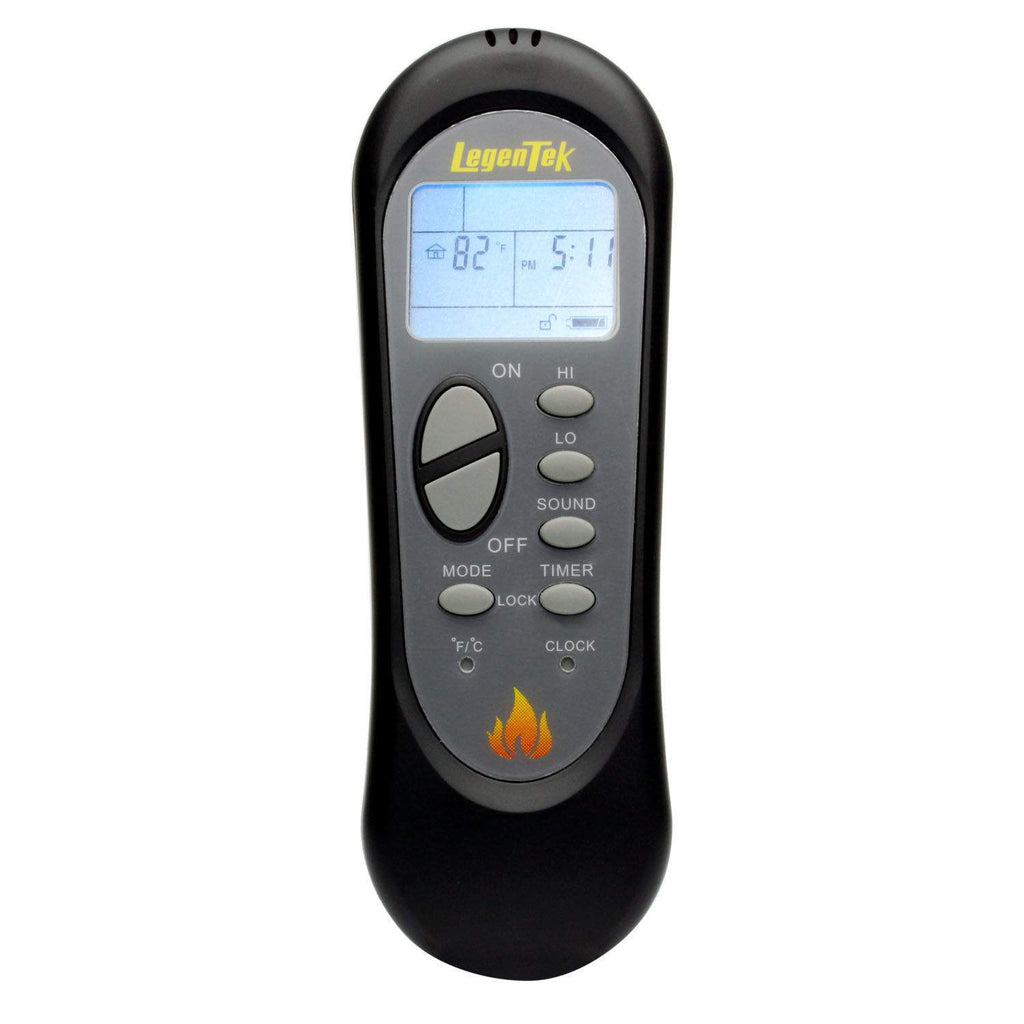 Fireplace remote control with LCD display and control buttons, black with flame icon