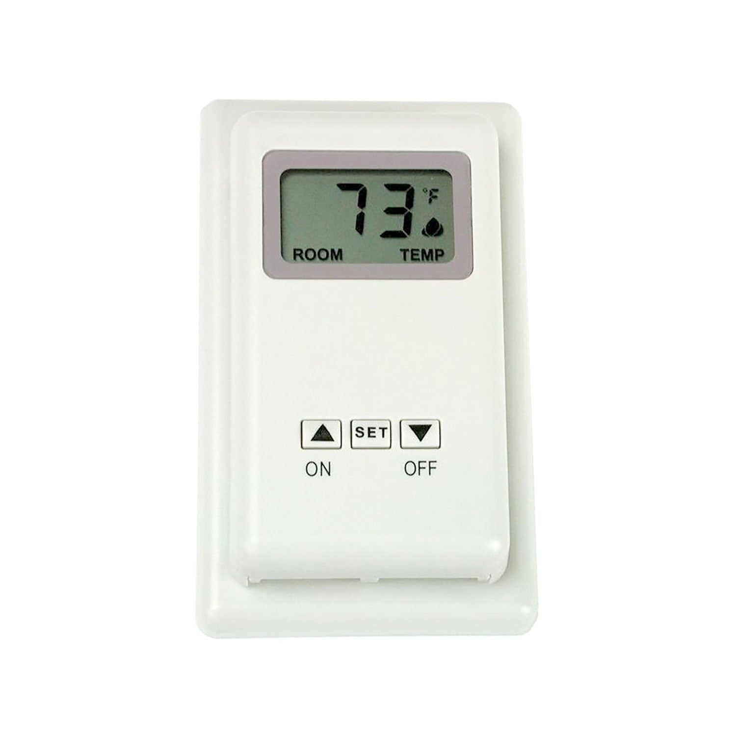Wireless wall thermostat remote control with LCD temperature display and ON/OFF buttons