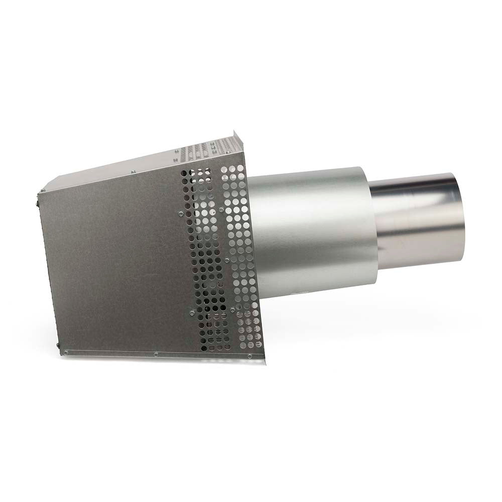 Metal trapezoid termination cap with perforated side panel and cylindrical outlet