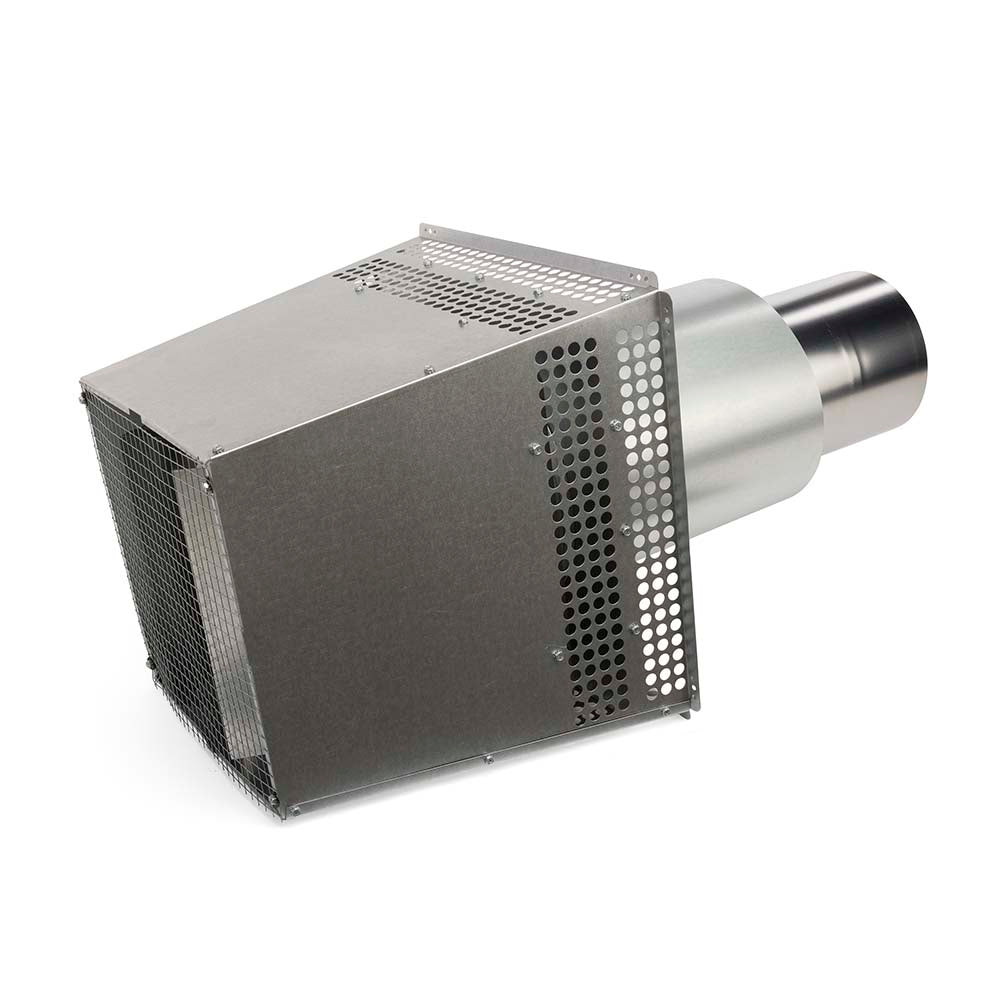 Metal trapezoid termination cap with perforated front face and round duct outlet