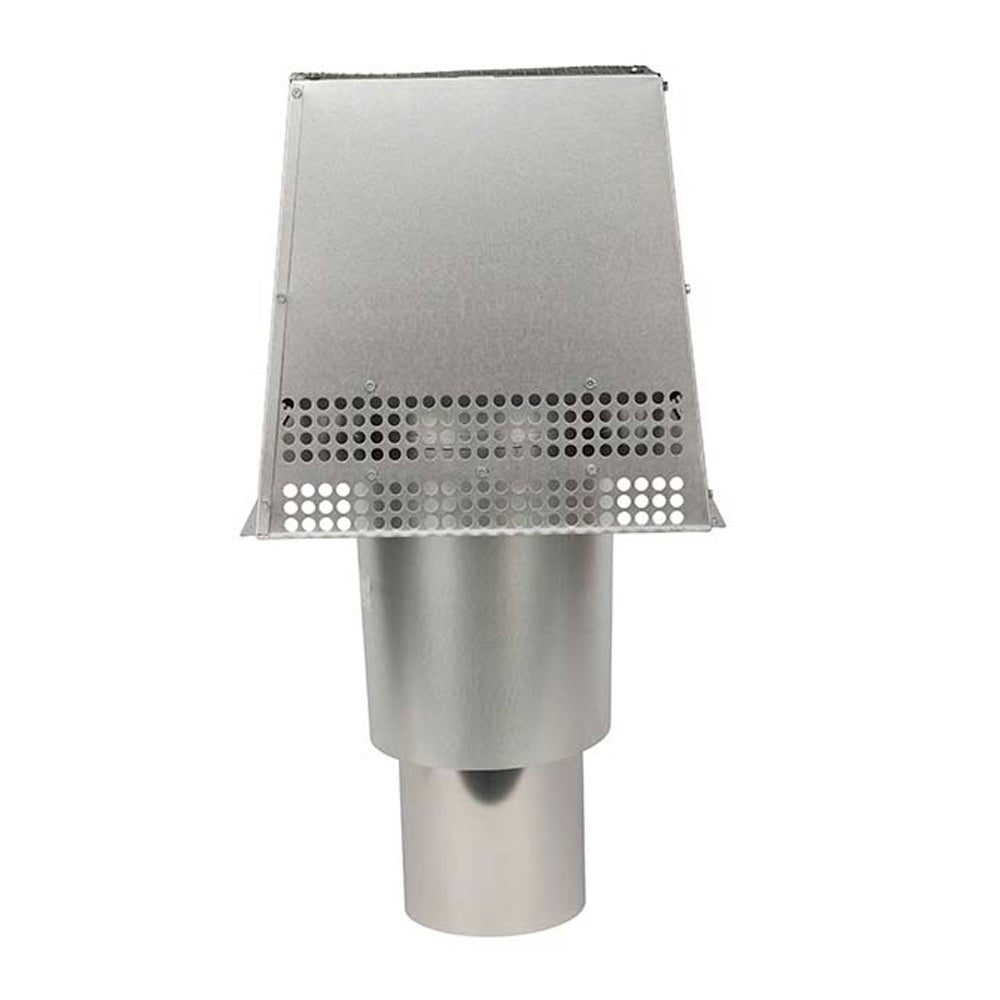 Metal trapezoid termination cap with perforated lower edge and vertical cylindrical outlet