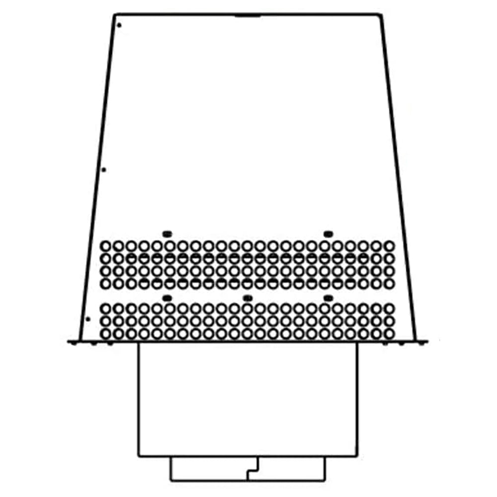 Black trapezoid termination cap with central perforated beaded band and side tabs