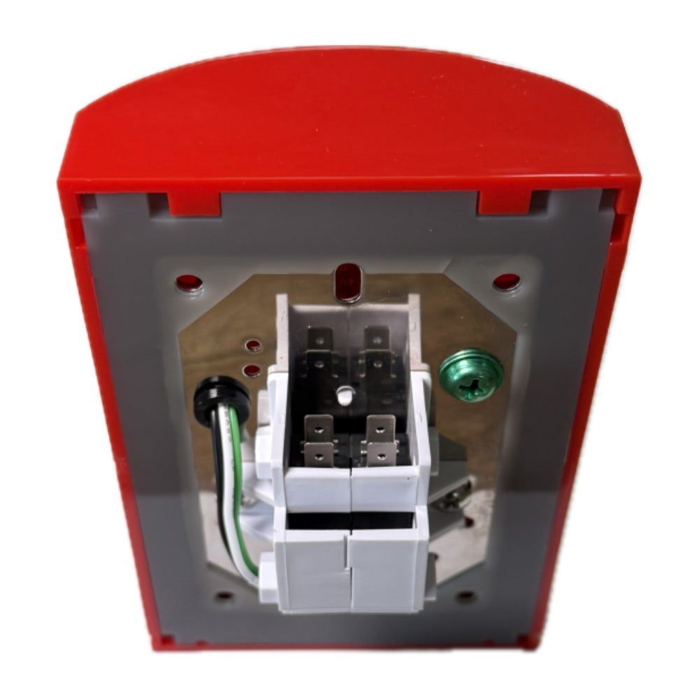 Red emergency shut-off switch with exposed terminals and push actuator