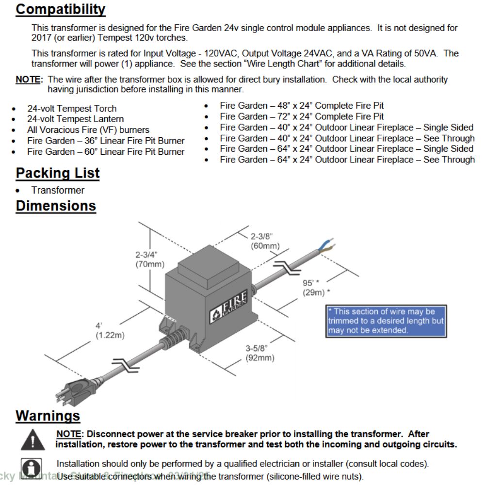 Transformer wiring and installation diagram with dimensions and warnings